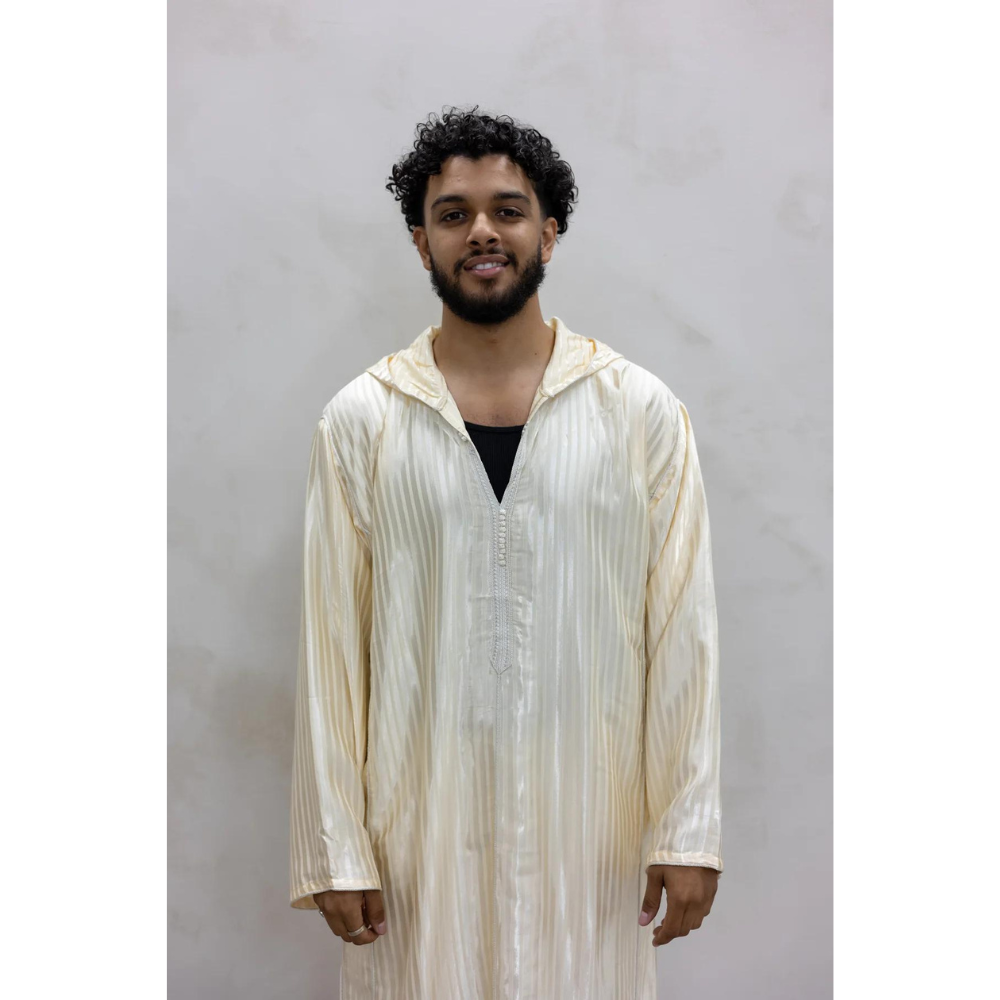Thobe / Djellaba Homme Blanc Rayé - Capuche, Manches Longues - Fabriqué Aux EAU