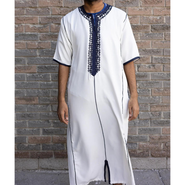 Moroccan Hand Embroidered Short Sleeve Thobe White and Navy