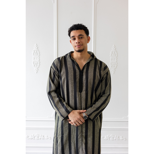 Moroccan Hoodie Thobe Wolf Grey With Black Stripes