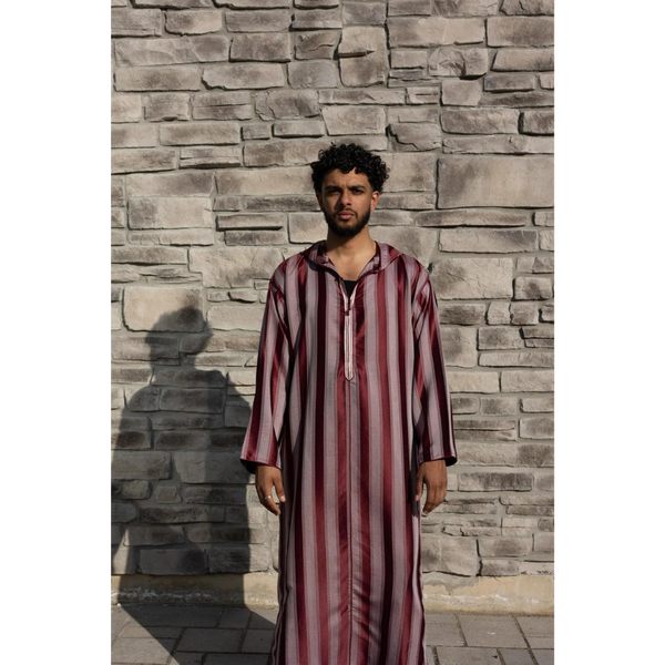 Moroccan Striped Style Hoodie Thobe - Maroon & Grey with White Embroidery