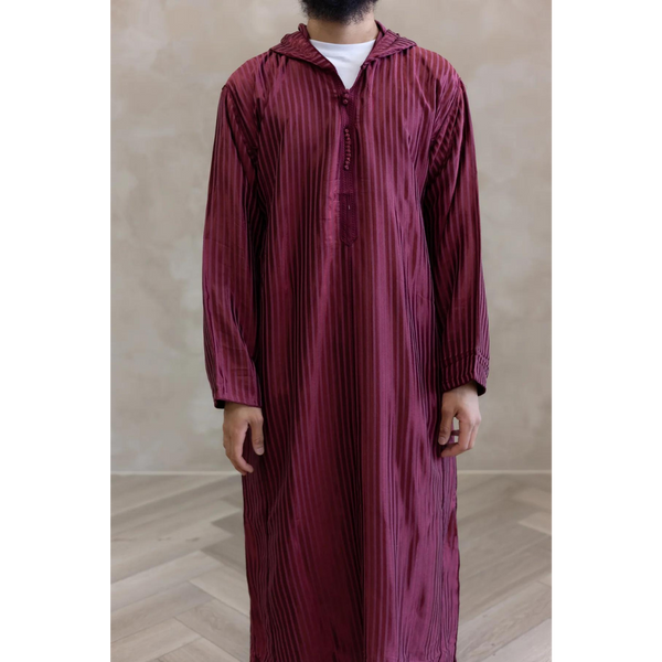 Moroccan Striped Style Hoodie Thobe - Maroon