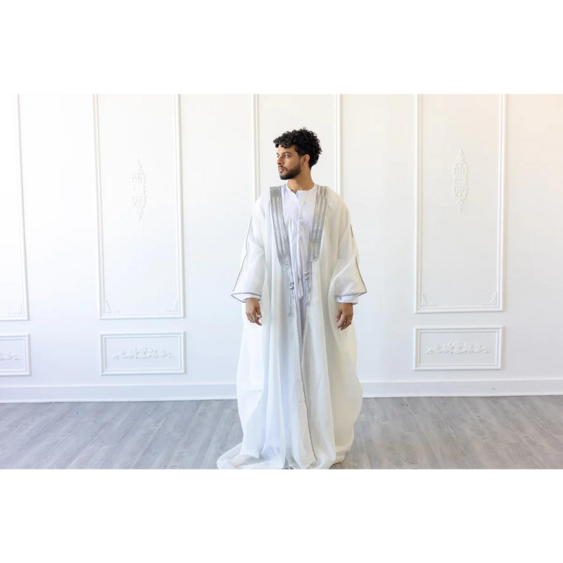 Embroidered Thobe Overcoat Arab Bisht Cloak Pure White on Silver