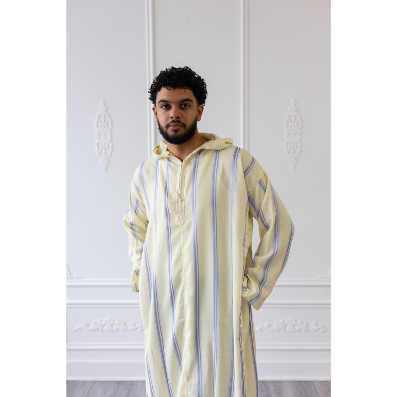 Moroccan Hoodie Thobe Daffodil Yellow With Blue Stripes