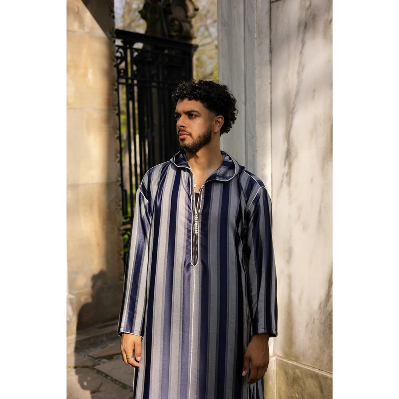 Moroccan Striped Style Hoodie Thobe - Indigo and Grey