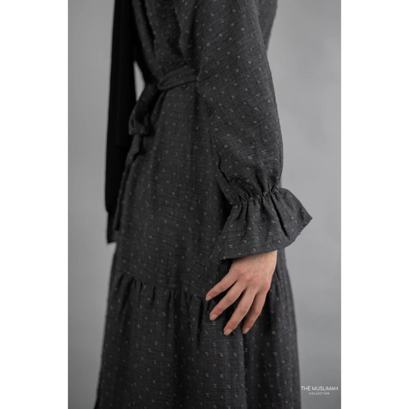 Flounce Sleeve Flowy Long Maxi Tiered Dress - Iron Grey