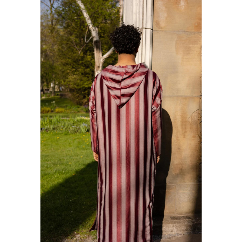 Moroccan Striped Style Hoodie Thobe - Maroon & Grey with White Embroidery