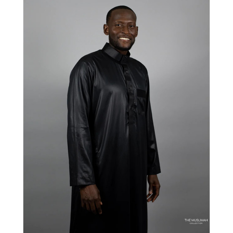 Saudi Collar Thobe Jubbah - Pure Black