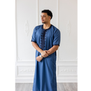 Moroccan Short Sleeve Thobe (Storm Blue With Navy Embroidery)