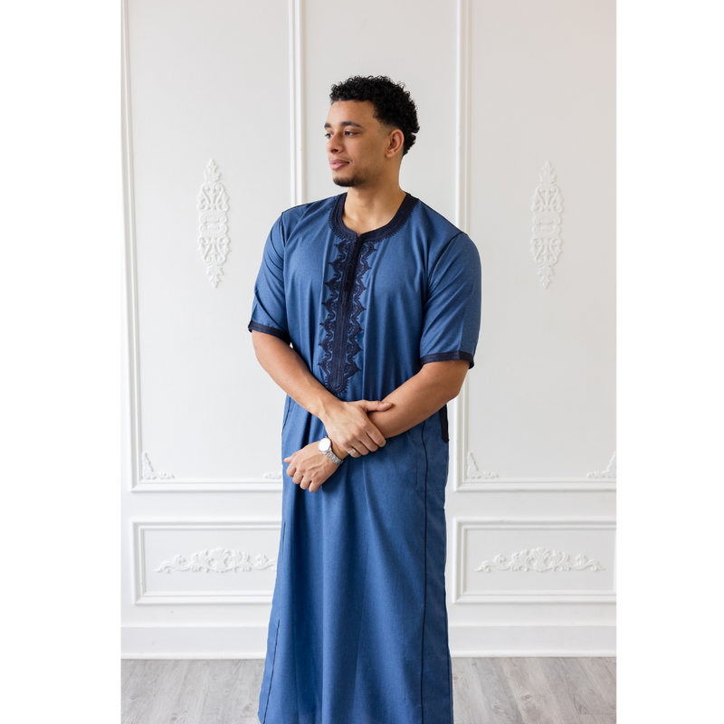 Moroccan Short Sleeve Thobe (Storm Blue With Navy Embroidery)