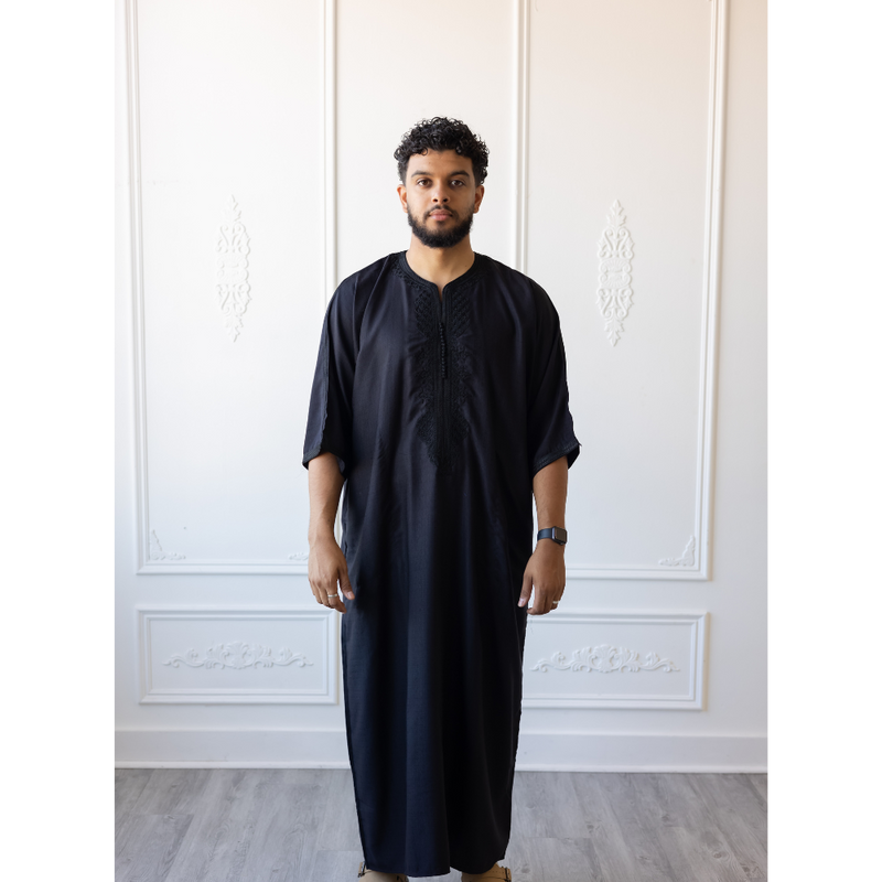 Moroccan 3/4 Sleeve Thobe (Charcoal Black)(C83)