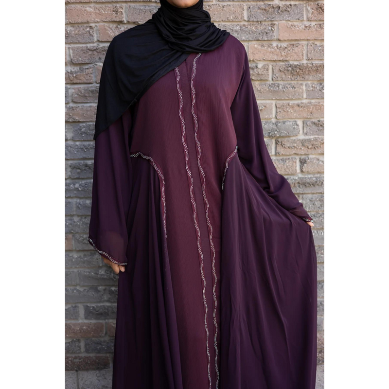 Fancy Wide Sleeved Chiffon & Sawda Eid Abaya Plum