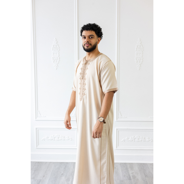 Moroccan Short Sleeve Thobe Butter Cream With Golden Brown Embroidery