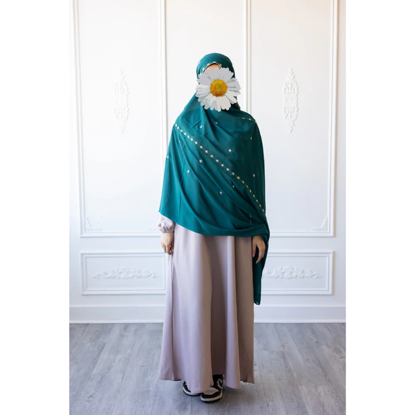 Floral Embroidered Chiffon Hijab Hand Work - Arabian Green