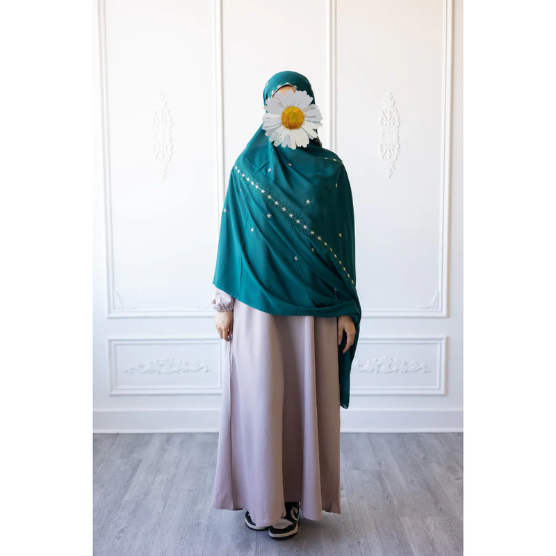 Floral Embroidered Chiffon Hijab Hand Work - Arabian Green