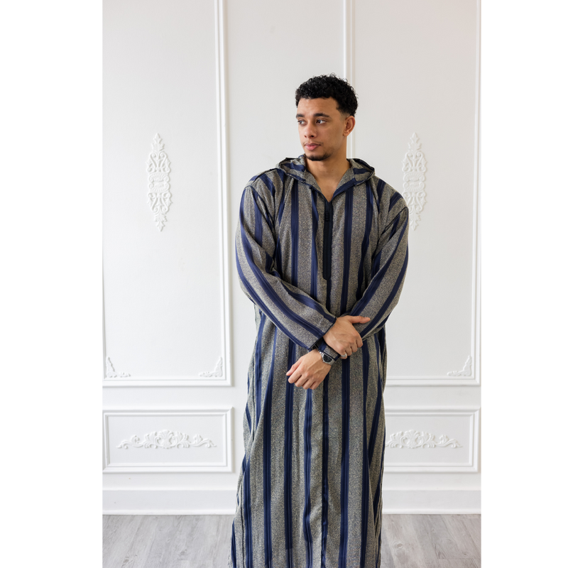 Moroccan Hoodie Thobe Midnight Blue with Ash Grey stripes