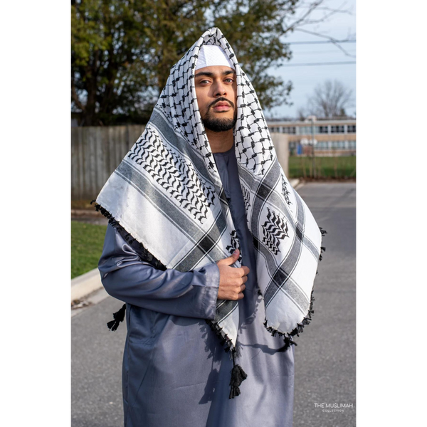 Sample Sale - White and Black Imamah/Shemagh/Keffiyyah Arab Men's Scarf - Palestinian
