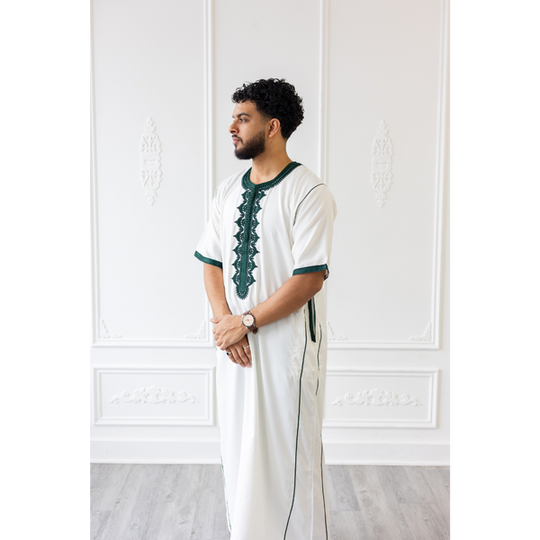 CLEARANCE SALE Moroccan Short Sleeve Thobe White With Green Embroidery - 49