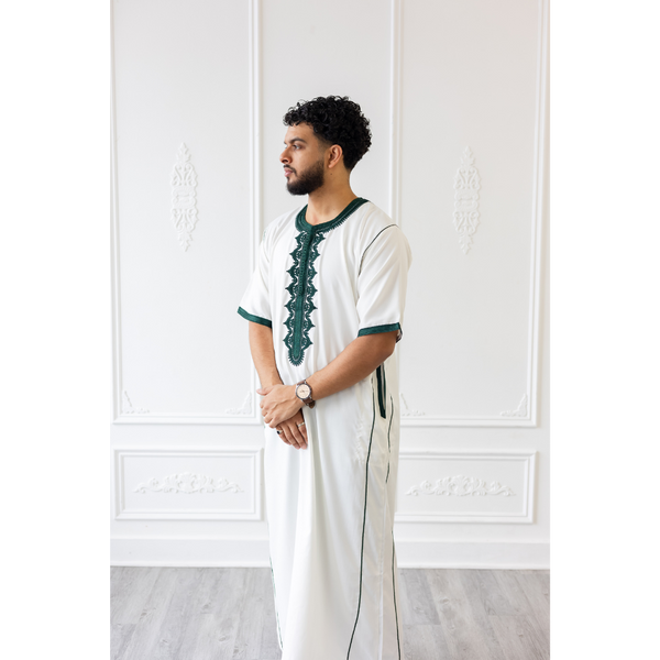 Moroccan Short Sleeve Thobe White With Green Embroidery