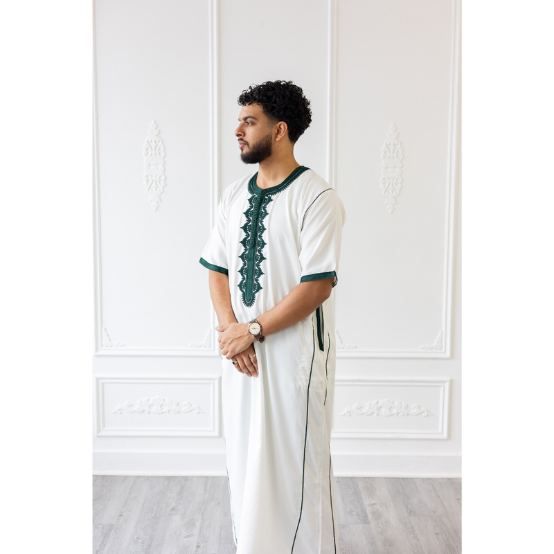 CLEARANCE SALE Moroccan Short Sleeve Thobe White With Green Embroidery - 49