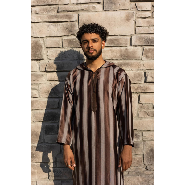 Moroccan Striped Style Hoodie Thobe - Brown and Grey