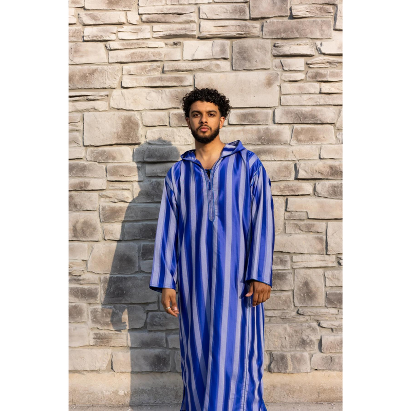 Moroccan Striped Hoodie Thobe (Sapphire Mist with White Embroidery)