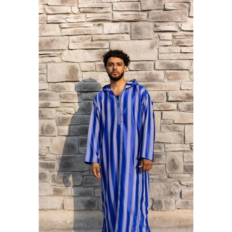 Moroccan Striped Style Hoodie Thobe - Sapphire Mist with White Embroidery