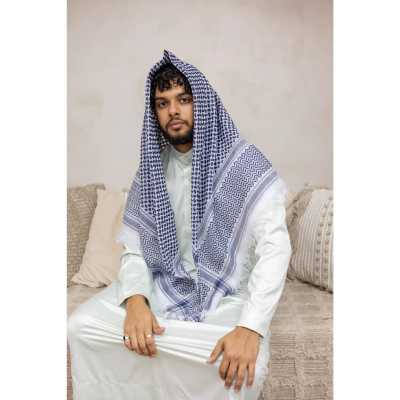 Blue and White Patterned Imamah/Shemagh/Keffiyyah Arab Men's Scarf