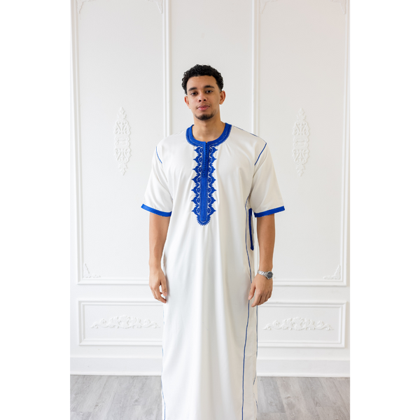 Moroccan Short Sleeve Thobe White With Blue Embroidery