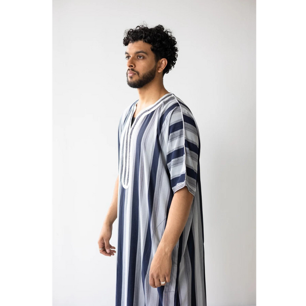 Moroccan Striped Thobe Navy Blue and Grey