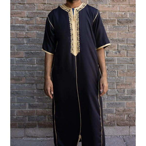 Moroccan Hand Embroidered Short Sleeve Thobe Black and Gold