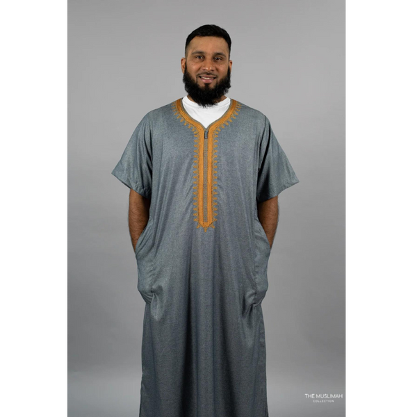Moroccan Short Sleeve Thobe (Gold and Ash)