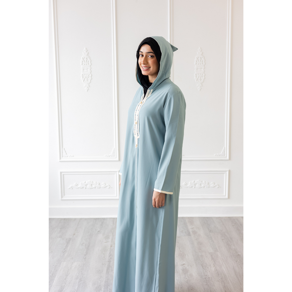 Moroccan Abaya Ice Blue With White Embroidery