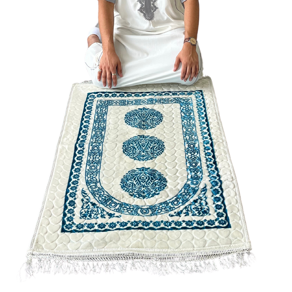 Cyan & White Circular Oriental Design May Vary Prayer Mat