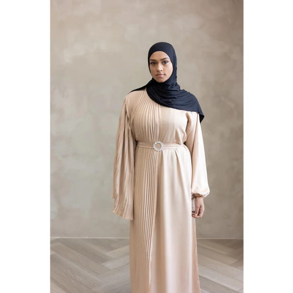 Sale Sawda Pleated Abaya with Stone Belt (Butter)