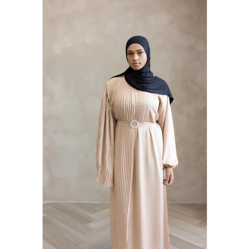 Sale Sawda Pleated Abaya with Stone Belt (Butter)