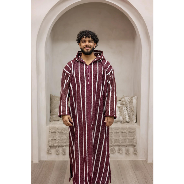 Moroccan Hand Stitched Milifa Hoodie Rosewood with White Stripe