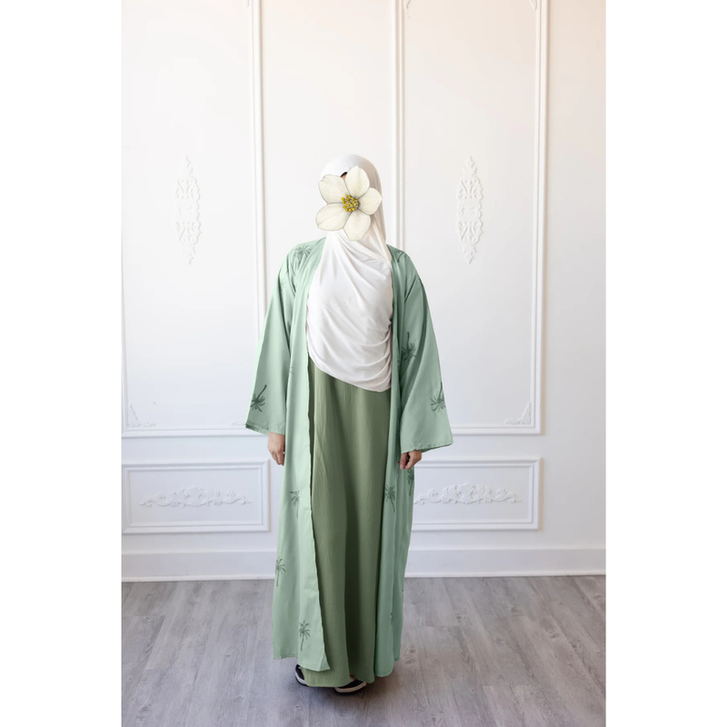 Linen Embroidered Palm Tree Design Fresh Mint