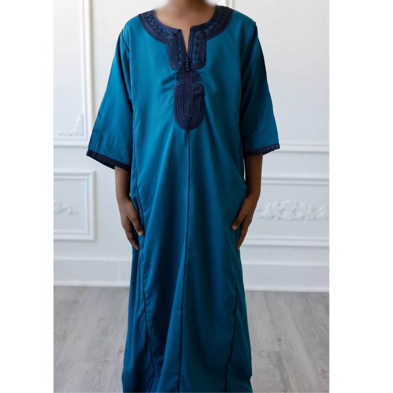 Moroccan Short Sleeve Kids-Boys Thobe (Turquoise with Top Down Embroidery)