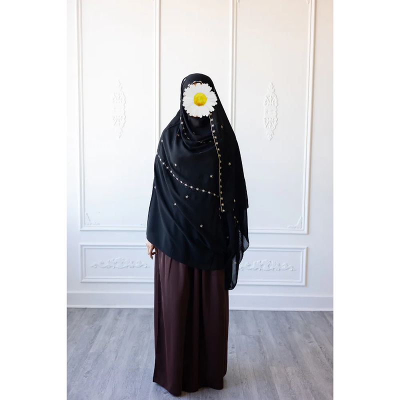 Floral Embroidered Chiffon Hijab Hand Work - Black