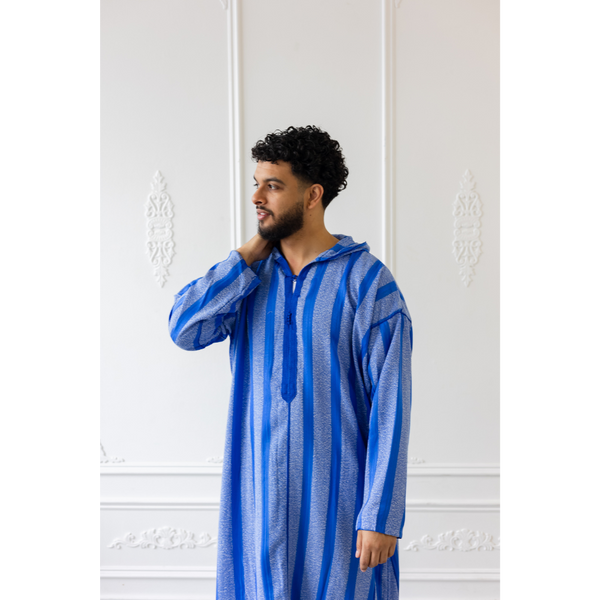 Moroccan Hoodie Thobe (Electric Blue With Blue Stripes)