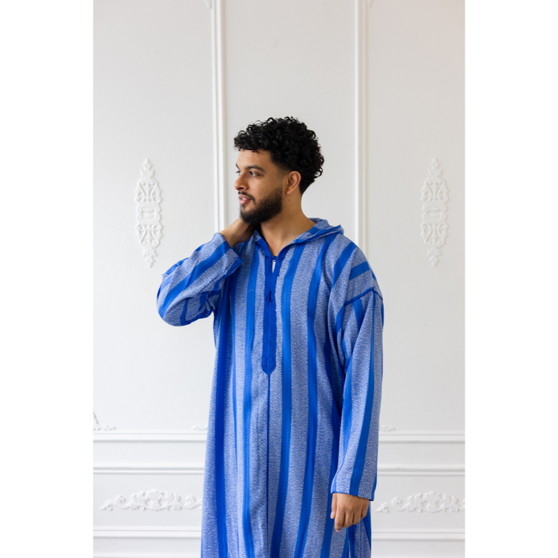 Moroccan Hoodie Thobe Electric Blue With Blue Stripes