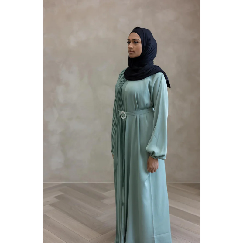 CLEARANCE SALE Sale Sawda Pleated Glam Abaya with Stone Belt - Green Tea (A47)
