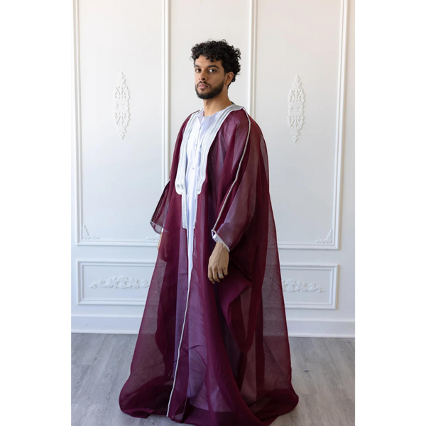 Embroidered Thobe Overcoat Arab Bisht Cloak Burgundy