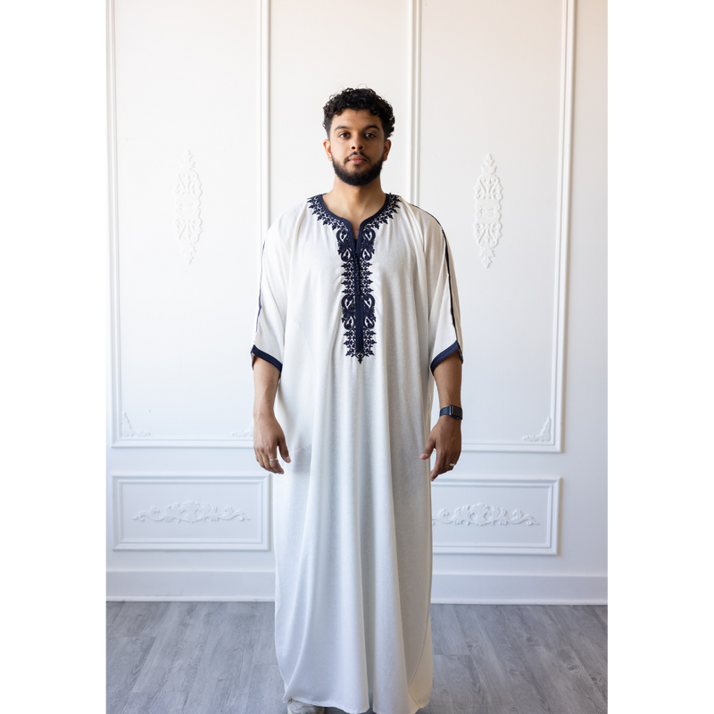 Moroccan 3/4 Sleeve Thobe (White & Berry Blue)