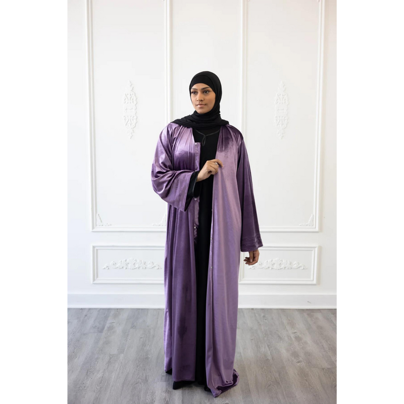 Sale Velvet Open Abaya Kimono with Stone Work - Dark Lavender