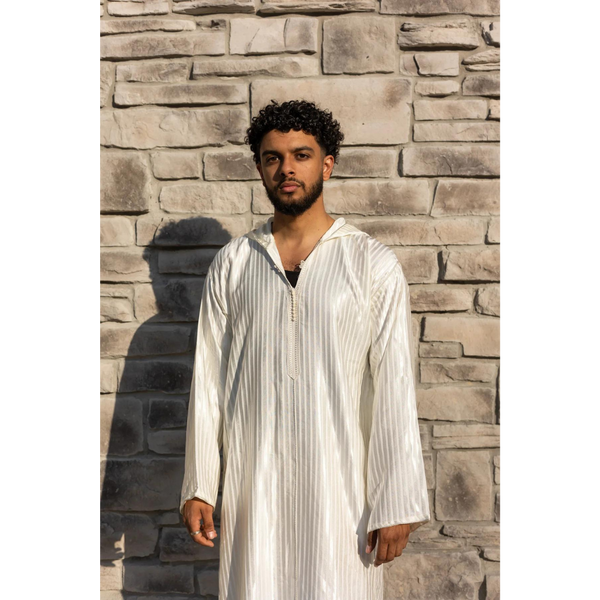 Moroccan Striped Style Hoodie Thobe - Moonlit Ivory