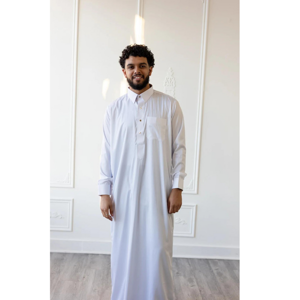 MC Collection - Saudi Collared Thobe (White with Gold Round Buttons)