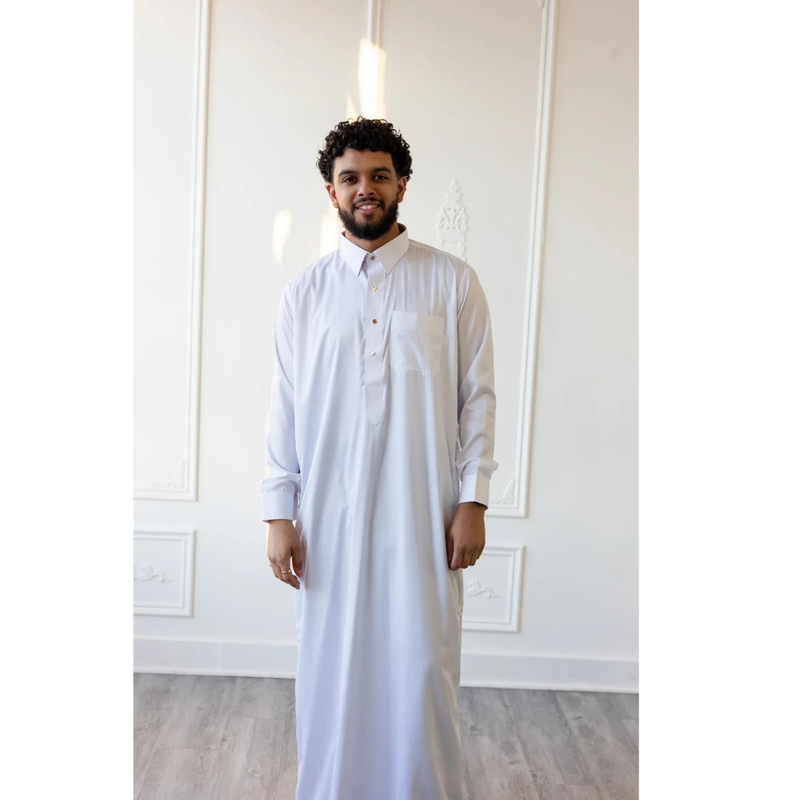 MC Collection - Saudi Collared Thobe (White with Gold Round Buttons)