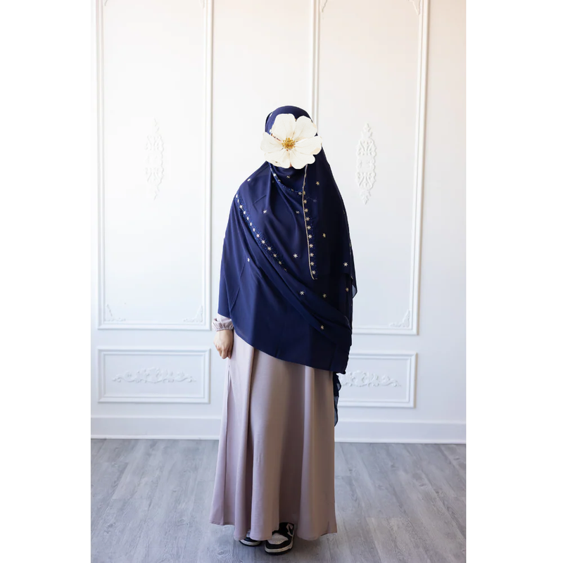 Floral Embroidered Chiffon Hijab Hand Work - Midnight Blue