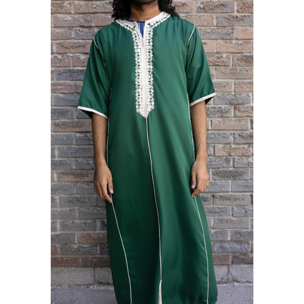 Moroccan Hand Embroidered Short Sleeve Thobe Emerald Green
